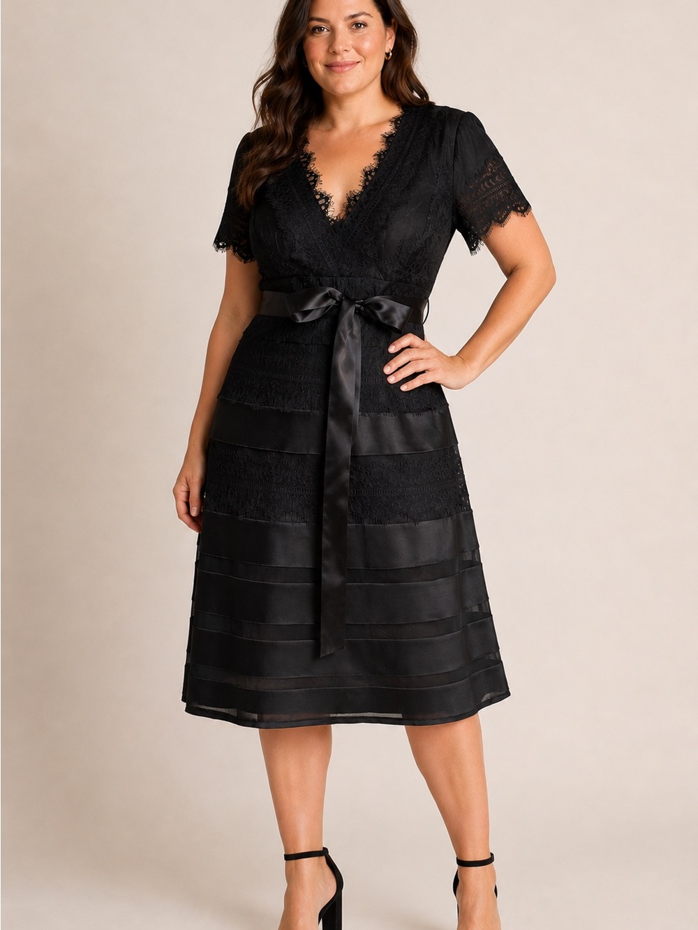 JS Collections Lace Cocktail Dress Size 16 Black Ribbon Tie Midi NWT